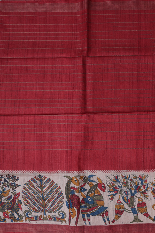 Tussar Madhubani Silk Saree In Red With Stripes Design