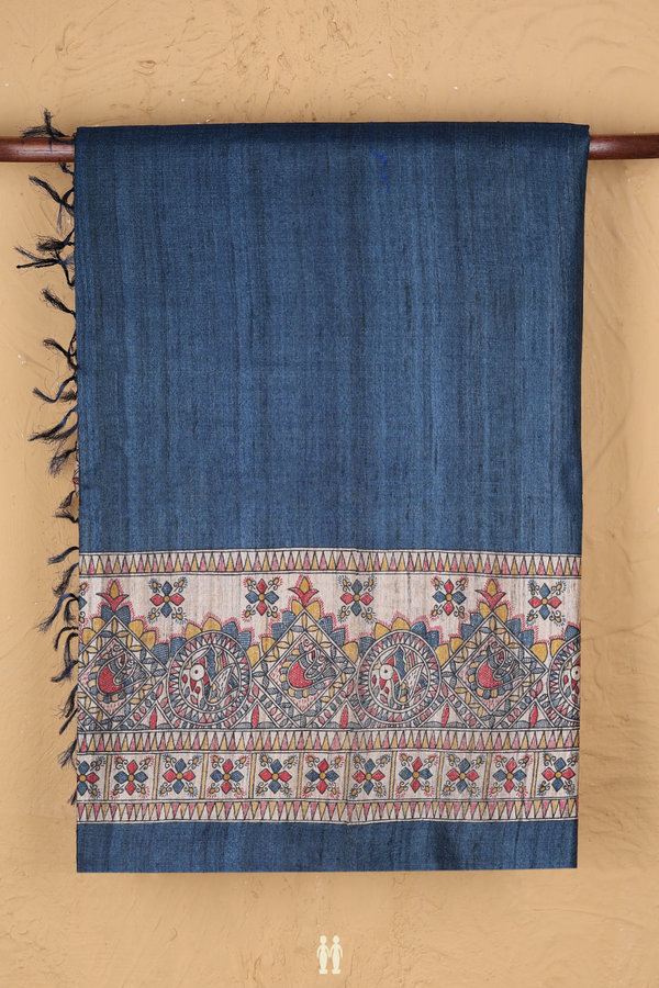 Tussar Madhubani Silk Saree In Teal Blue With Contrast Border