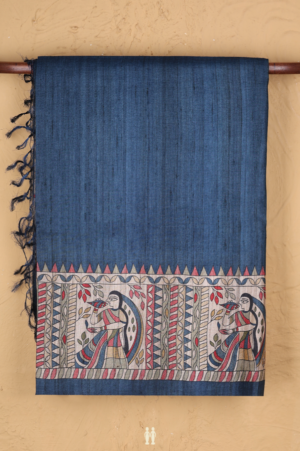 Tussar Madhubani Silk Saree In Teal Blue With Contrast Border