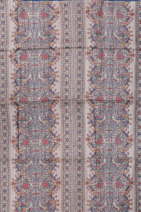 Tussar Madhubani Silk Saree In Teal Blue With Contrast Border