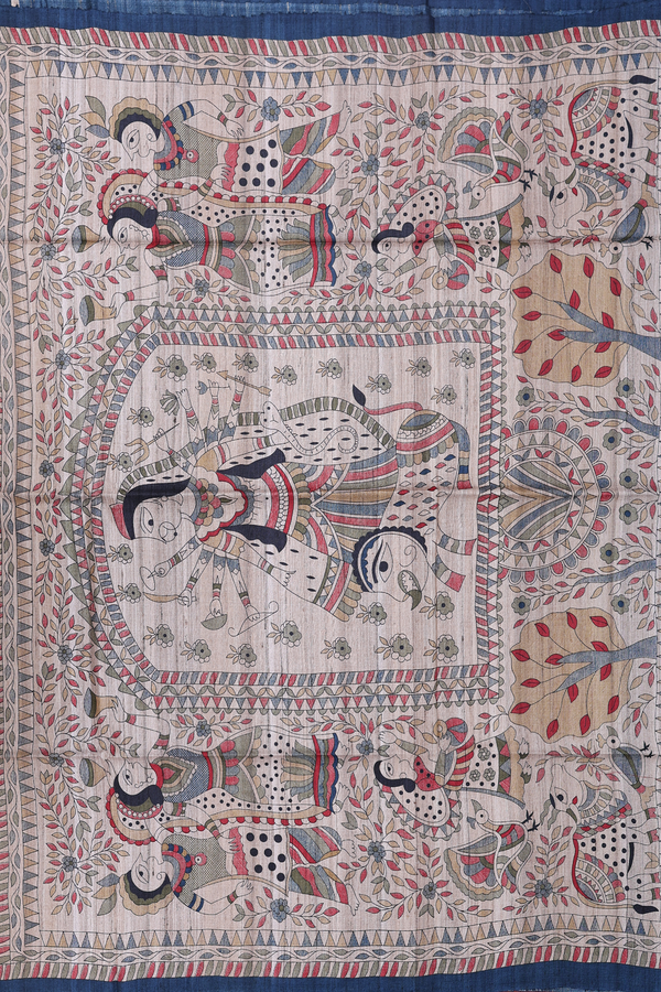 Tussar Madhubani Silk Saree In Teal Blue With Contrast Border