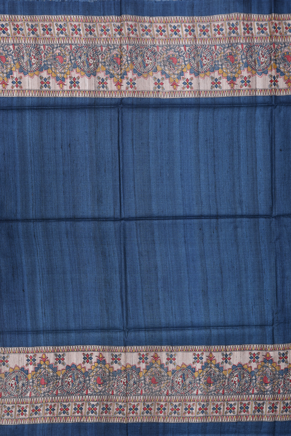 Tussar Madhubani Silk Saree In Teal Blue With Contrast Border