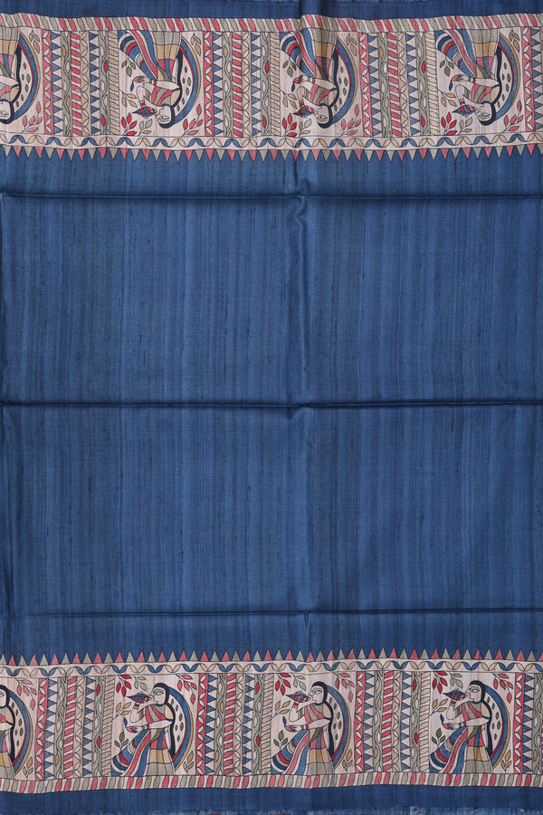 Tussar Madhubani Silk Saree In Teal Blue With Contrast Border