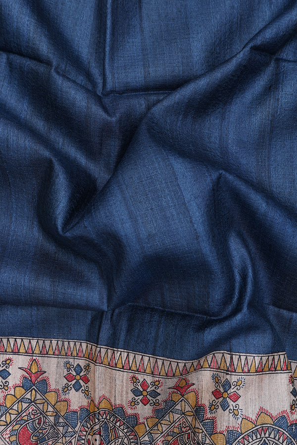 Tussar Madhubani Silk Saree In Teal Blue With Contrast Border