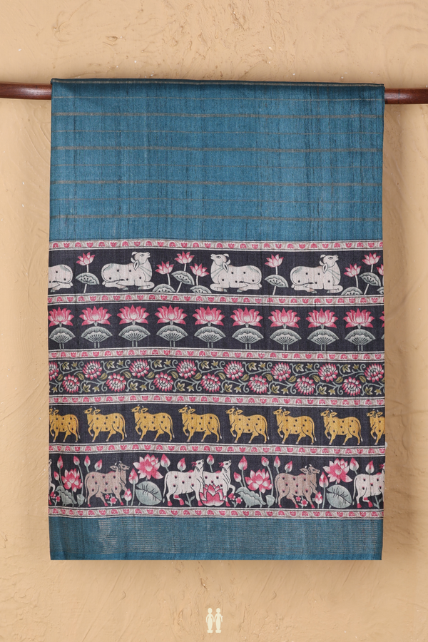 Tussar Madhubani Silk Saree In Teal Blue With Stripes Design
