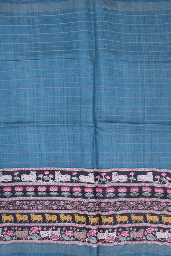 Tussar Madhubani Silk Saree In Teal Blue With Stripes Design