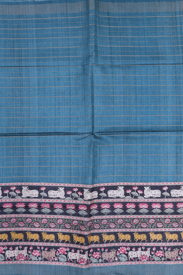 Tussar Madhubani Silk Saree In Teal Blue With Stripes Design