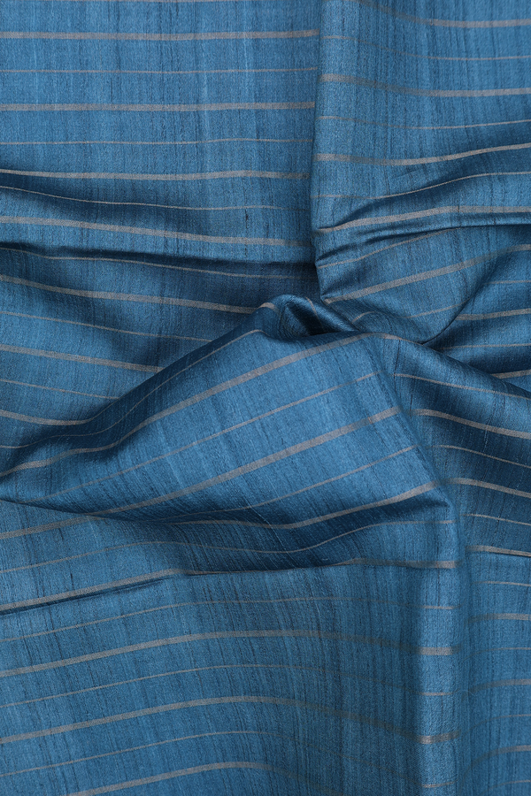 Tussar Madhubani Silk Saree In Teal Blue With Stripes Design