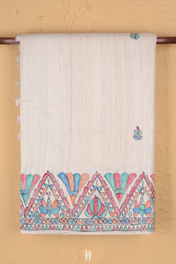 Tussar Madhubani Silk Saree In White With Leaf Buttas
