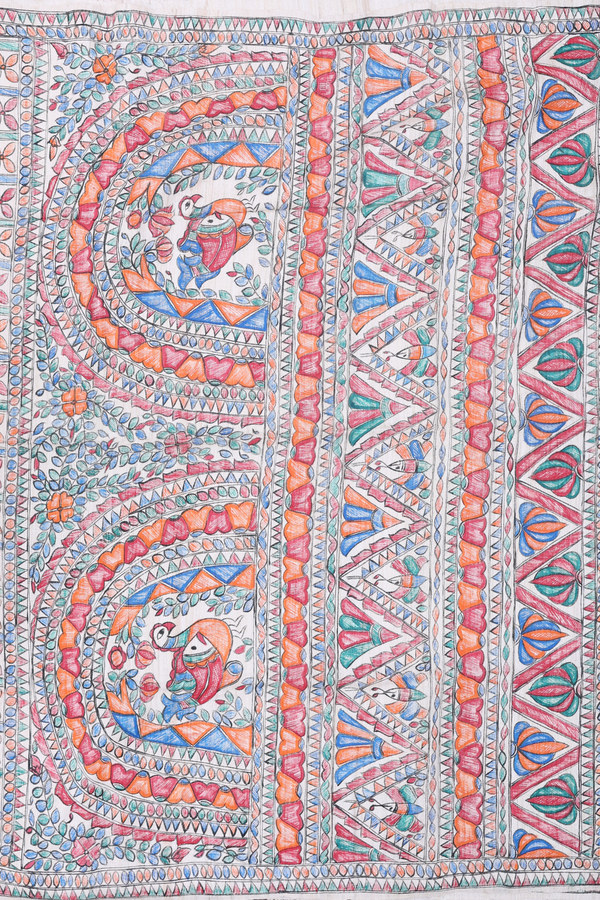 Tussar Madhubani Silk Saree In White With Leaf Buttas