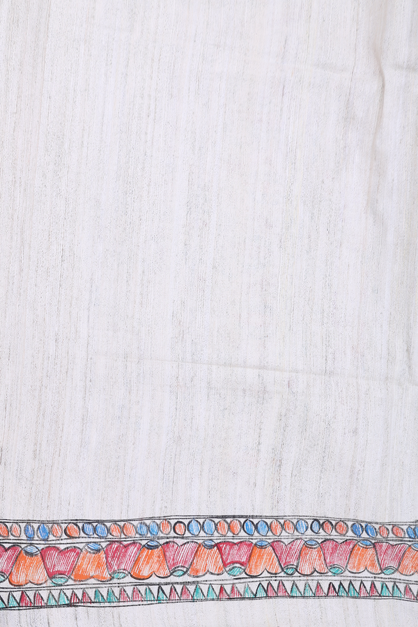 Tussar Madhubani Silk Saree In White With Leaf Buttas