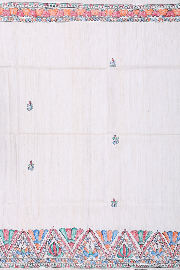 Tussar Madhubani Silk Saree In White With Leaf Buttas