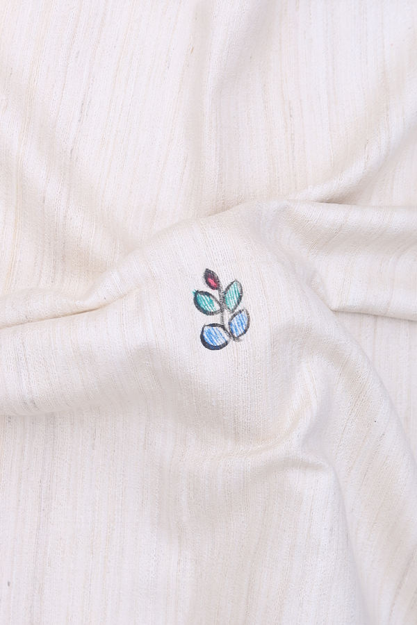 Tussar Madhubani Silk Saree In White With Leaf Buttas