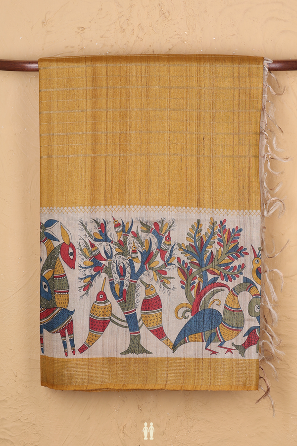 Tussar Madhubani Silk Saree In Yellow With Stripes Design