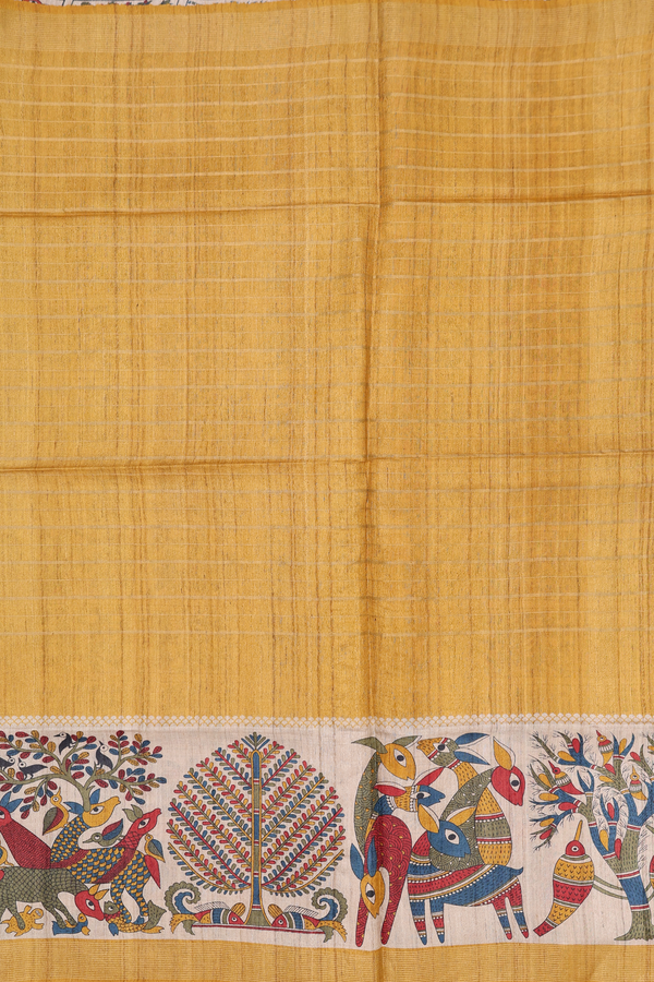 Tussar Madhubani Silk Saree In Yellow With Stripes Design