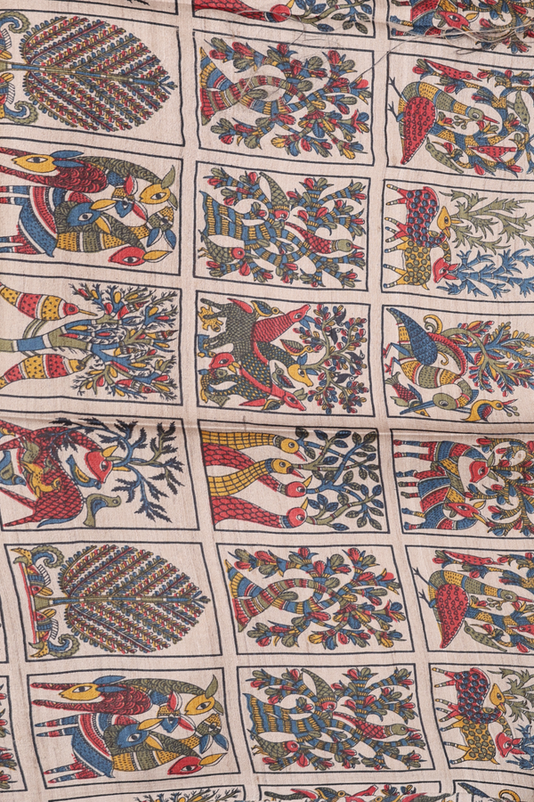 Tussar Madhubani Silk Saree In Yellow With Stripes Design