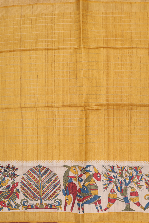 Tussar Madhubani Silk Saree In Yellow With Stripes Design