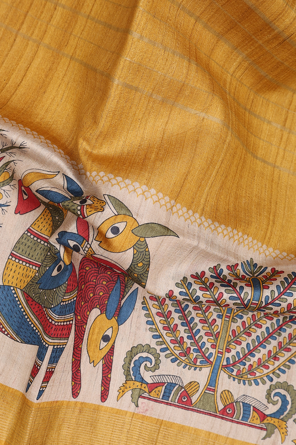 Tussar Madhubani Silk Saree In Yellow With Stripes Design