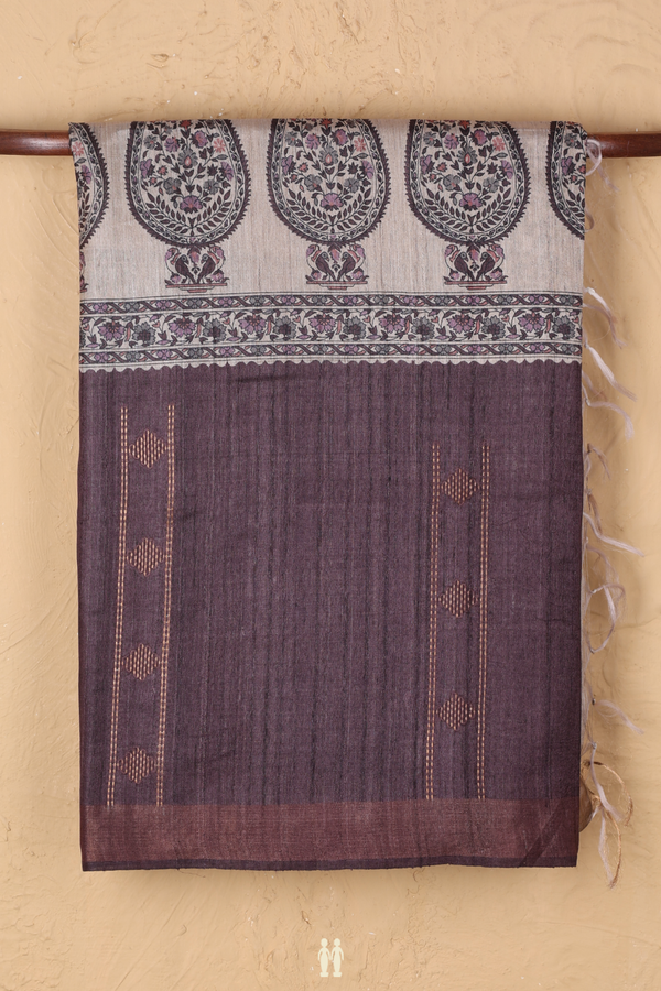 Tussar Madhubani Silk Saree Oxford Brown With Paisley Design