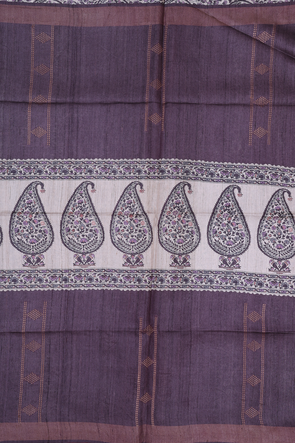 Tussar Madhubani Silk Saree Oxford Brown With Paisley Design