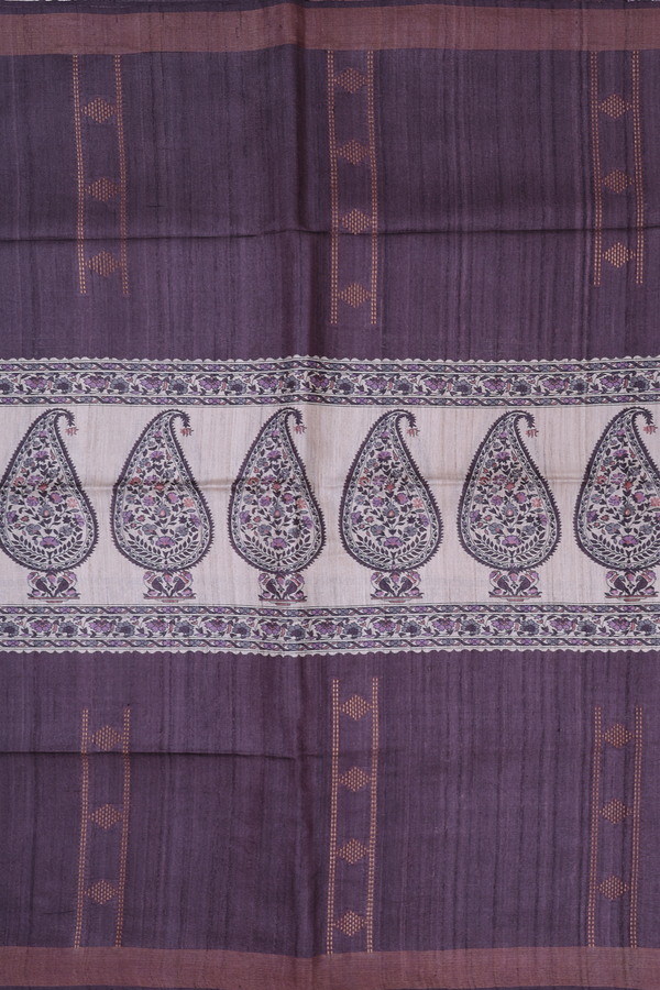 Tussar Madhubani Silk Saree Oxford Brown With Paisley Design