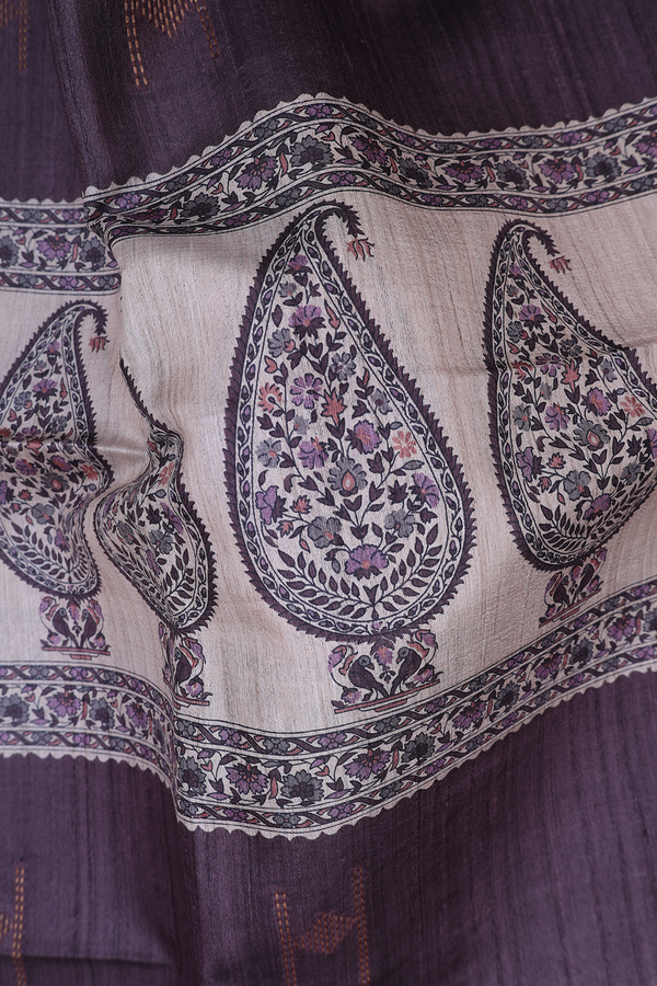 Tussar Madhubani Silk Saree Oxford Brown With Paisley Design