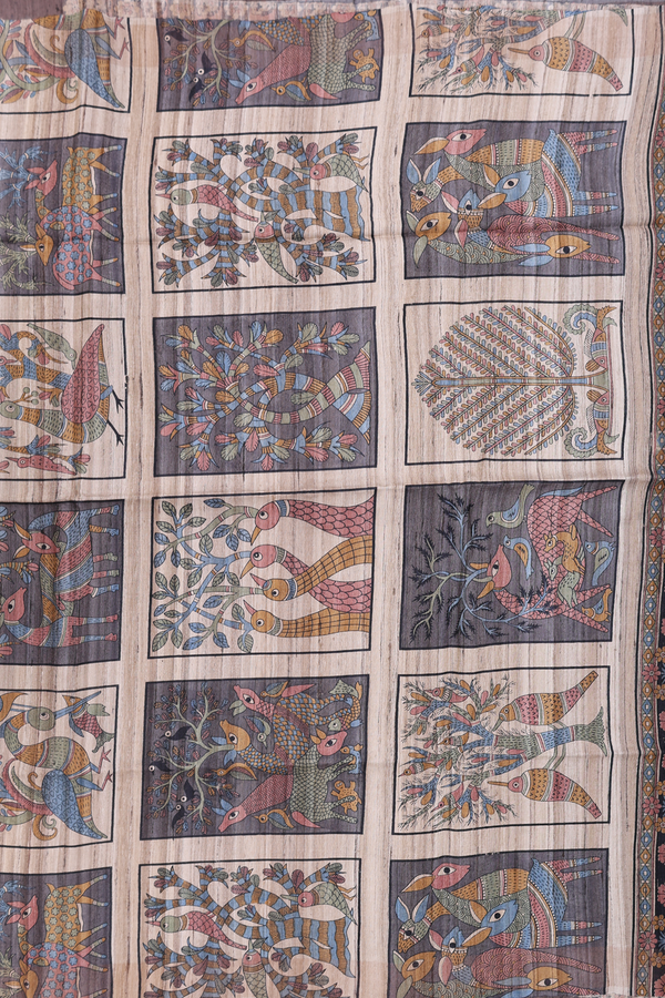 Tussar Madhubani Silk Saree Grey With Zari Border