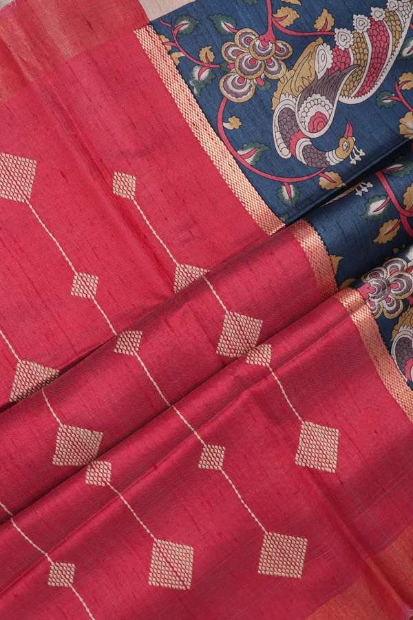 Tussar Silk Saree Cobalt Blue With Floral And Peacock Design