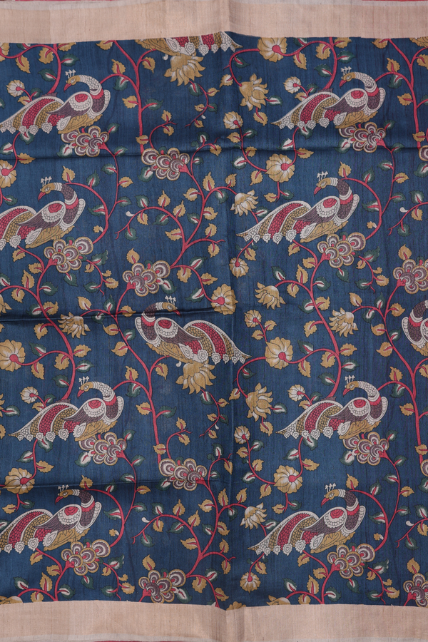 Tussar Silk Saree Cobalt Blue With Floral And Peacock Design