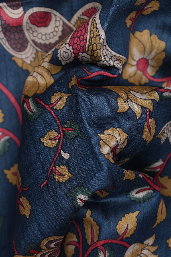 Tussar Silk Saree Cobalt Blue With Floral And Peacock Design
