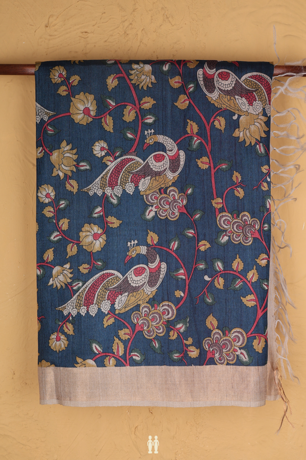 Tussar Silk Saree Cobalt Blue With Floral And Peacock Design