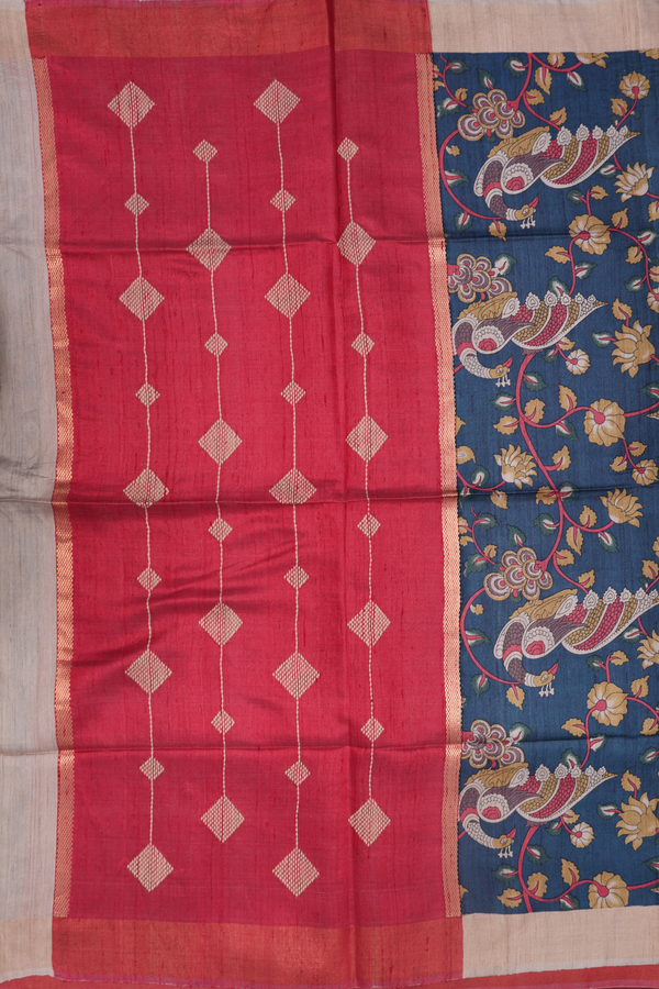 Tussar Silk Saree Cobalt Blue With Floral And Peacock Design
