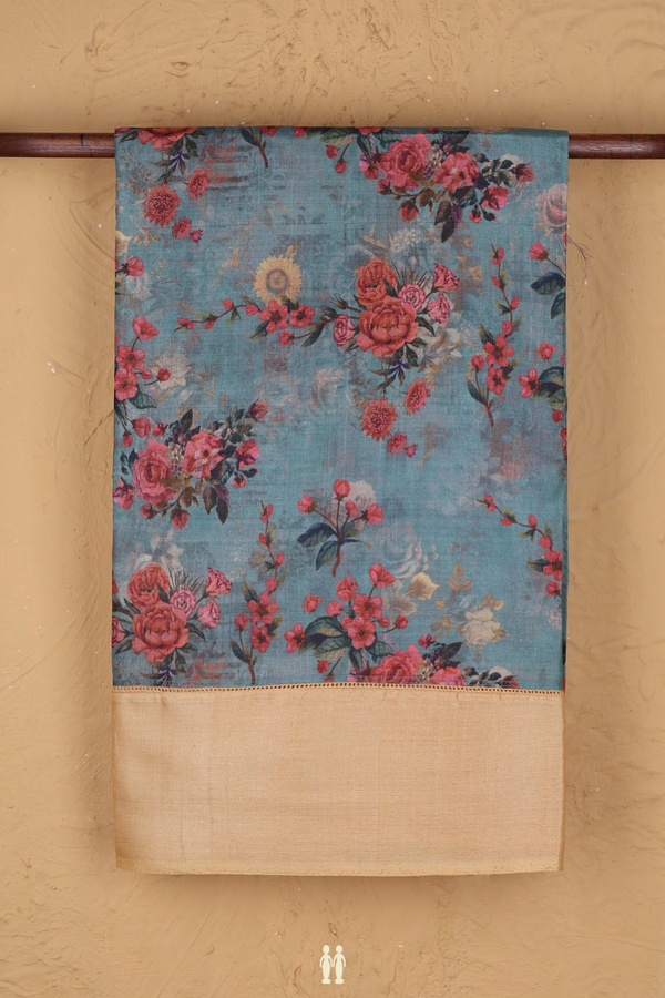 Tussar Silk Saree In Aegean Blue With Floral Printed Design