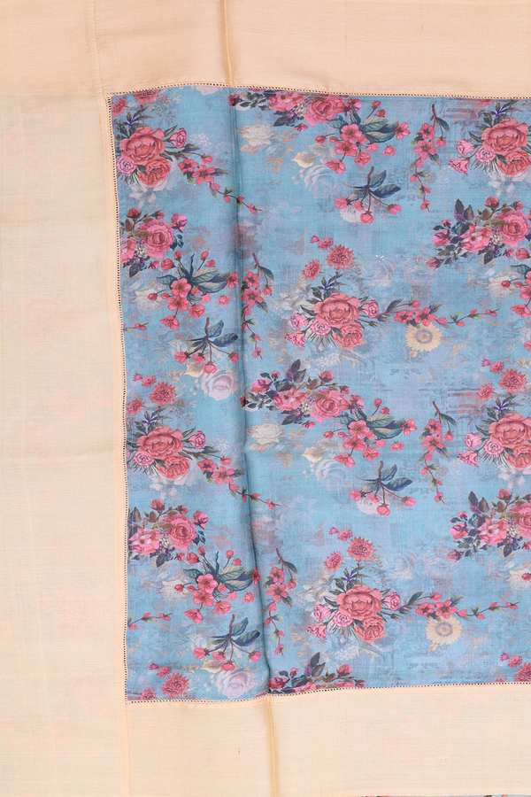 Tussar Silk Saree In Aegean Blue With Floral Printed Design