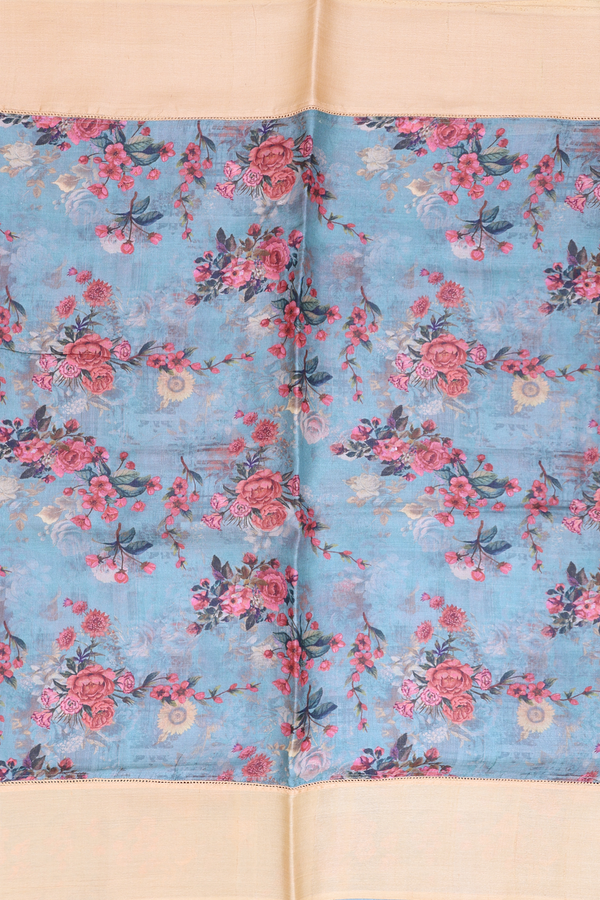 Tussar Silk Saree In Aegean Blue With Floral Printed Design