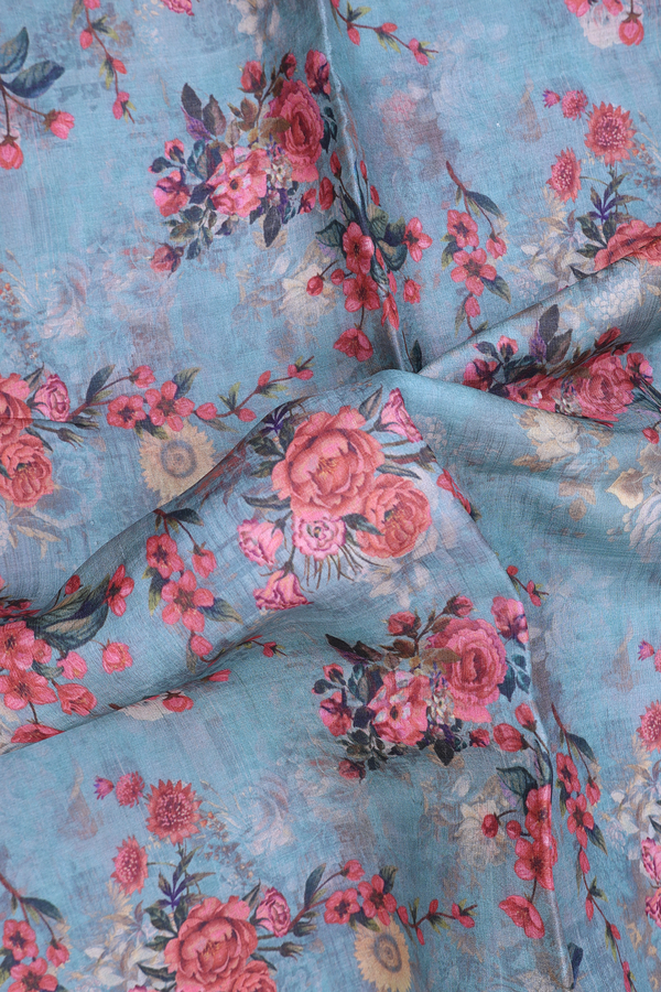 Tussar Silk Saree In Aegean Blue With Floral Printed Design