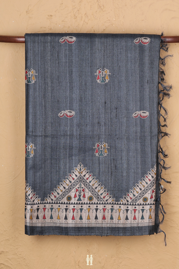 Tussar Madhubani Silk Saree In Aegean Blue With Warli Design