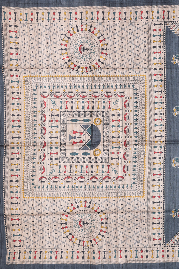 Tussar Madhubani Silk Saree In Aegean Blue With Warli Design