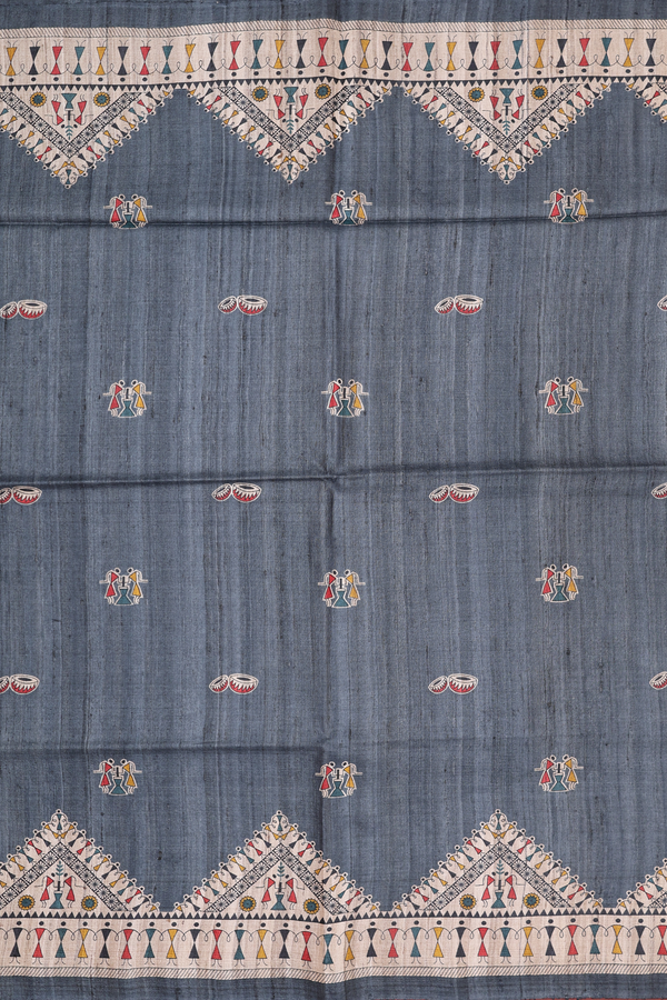 Tussar Madhubani Silk Saree In Aegean Blue With Warli Design