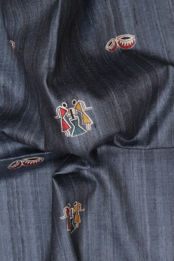 Tussar Madhubani Silk Saree In Aegean Blue With Warli Design