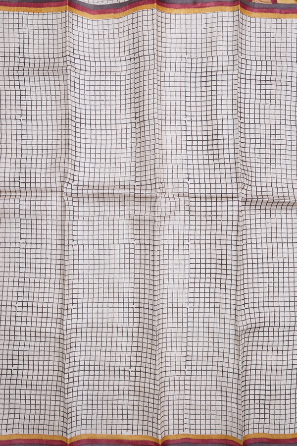 Tussar Silk Saree In Beige With Checks Design