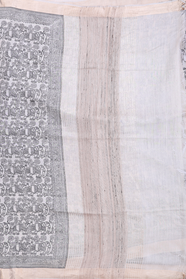 Tussar Silk Saree In Beige With Elephant Printed Design