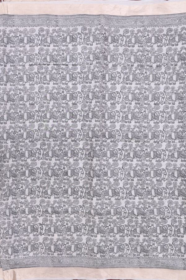 Tussar Silk Saree In Beige With Elephant Printed Design