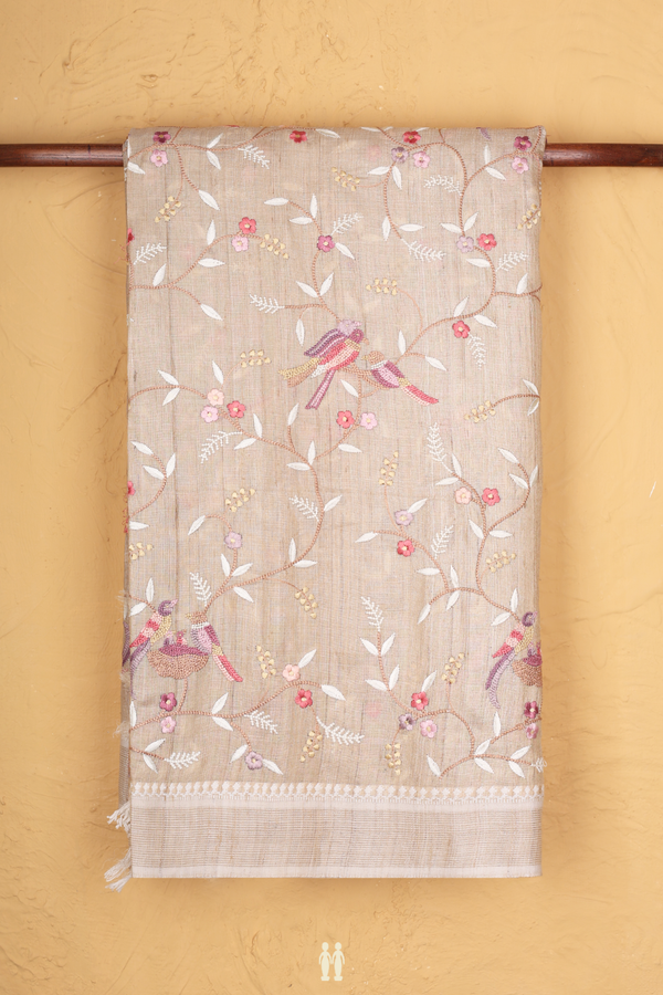 Tussar Silk Saree In Beige With Embroidered Design
