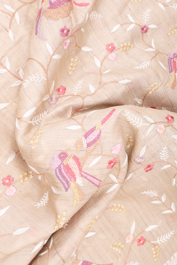 Tussar Silk Saree In Beige With Embroidered Design