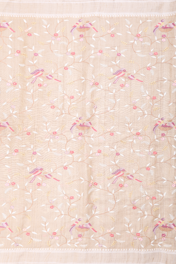 Tussar Silk Saree In Beige With Embroidered Design