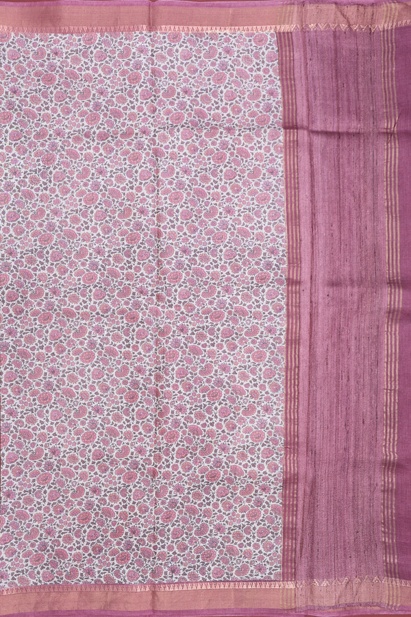 Tussar Silk Saree In White With Floral Design