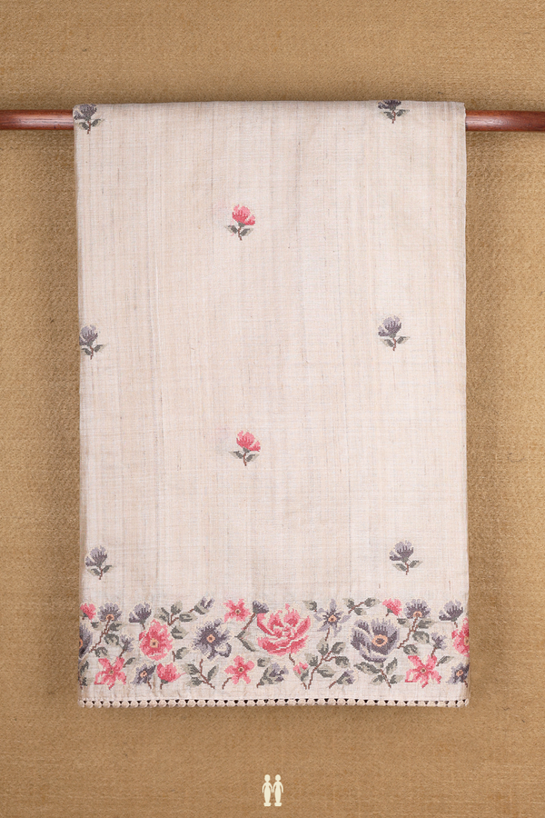 Tussar Silk Saree In Beige With Floral Embroidered Buttas