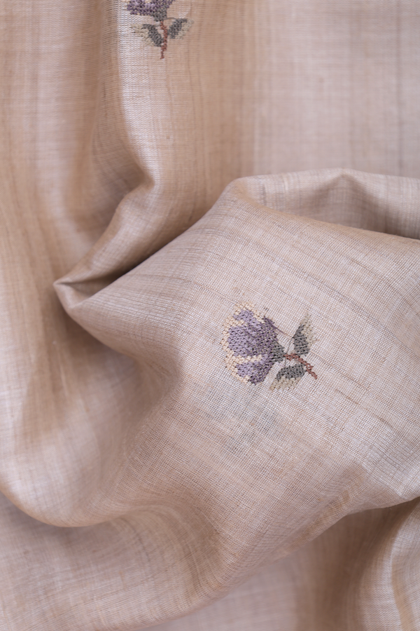 Tussar Silk Saree In Beige With Floral Embroidered Buttas