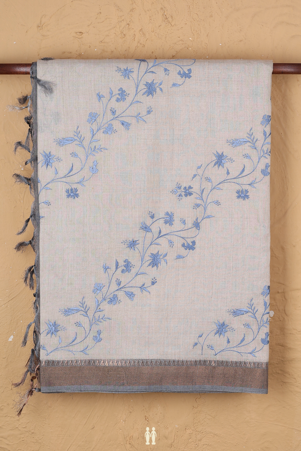 Tussar Silk Saree In Beige With Floral Embroidered Design